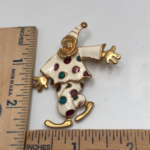 Dirk Co Cheerful Clown w/Articulated Legs white Enamel Gold tone Glitter Brooch. - Picture 2 of 7
